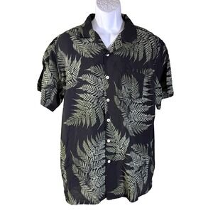 Xi Peng Button Down Shirt Mens XL Black Fern Leaf Print‎ Cotton Short Sleeve